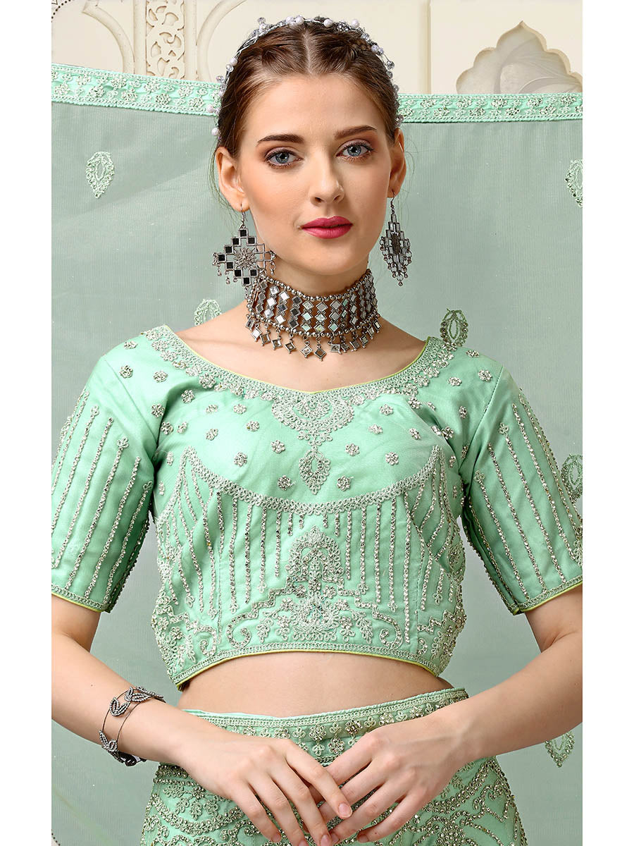 Myra Pista Net Heavy Embroidered Lehenga Choli - Distacart