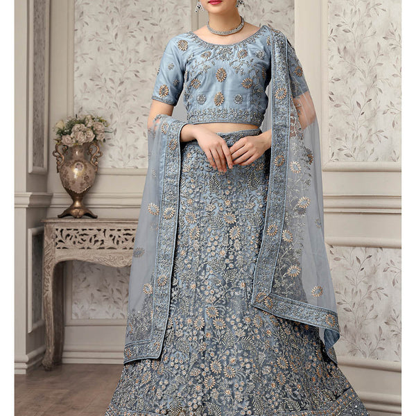Myra Dusty Grey Net Heavy Embroidered Lehenga Choli - Distacart