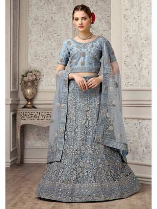 Myra Dusty Grey Net Heavy Embroidered Lehenga Choli - Distacart