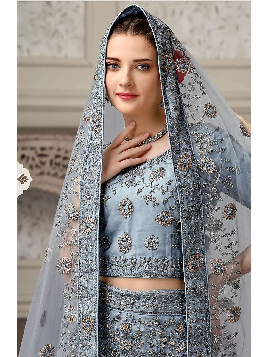 Myra Dusty Grey Net Heavy Embroidered Lehenga Choli - Distacart