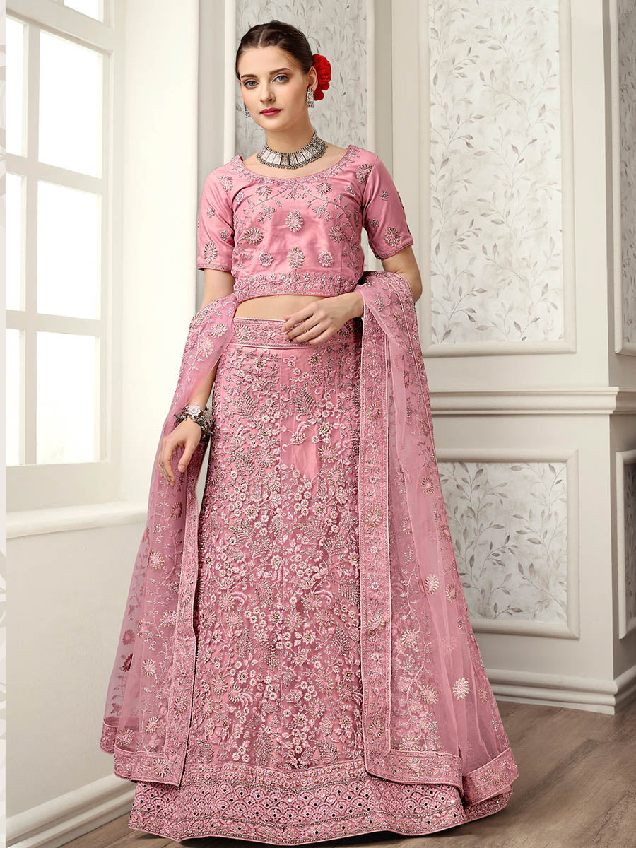 Myra Dusty Pink Net Heavy Embroidered Lehenga Choli - Distacart