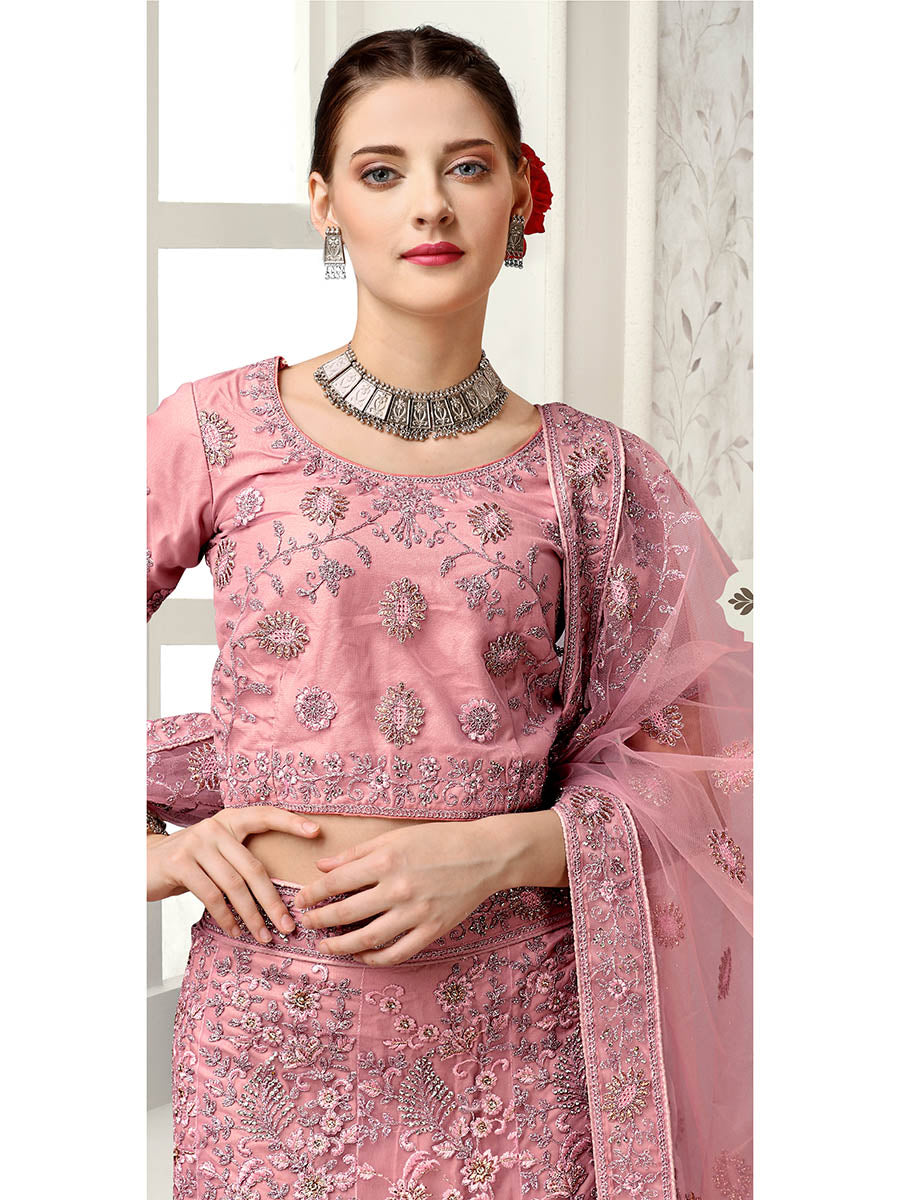 Myra Dusty Pink Net Heavy Embroidered Lehenga Choli - Distacart