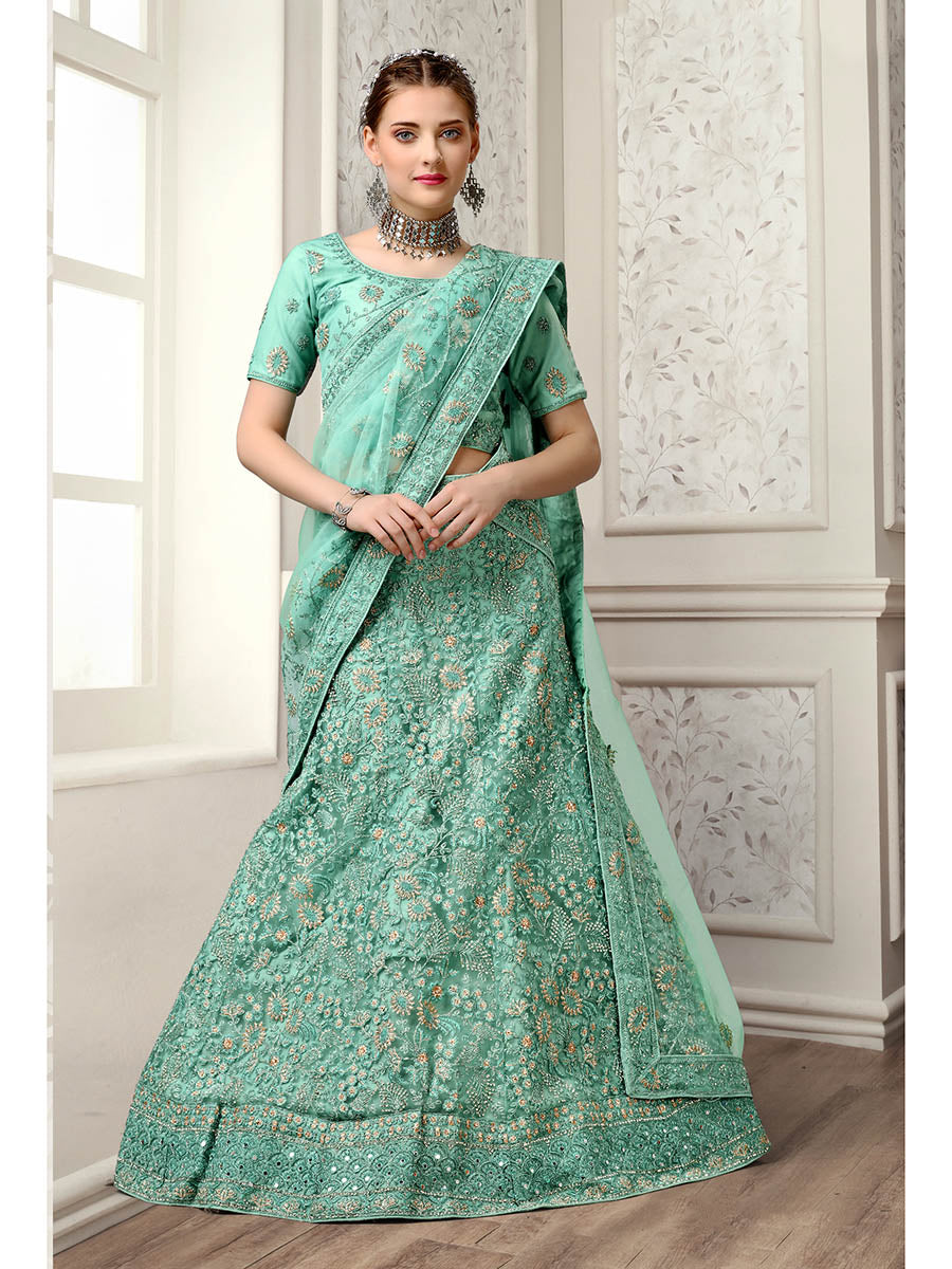 Myra Sea Green Net Heavy Embroidered Lehenga Choli - Distacart