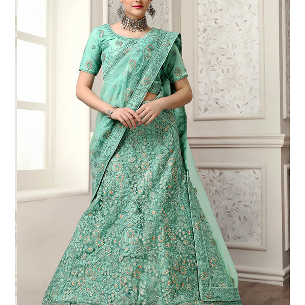 Myra Sea Green Net Heavy Embroidered Lehenga Choli - Distacart