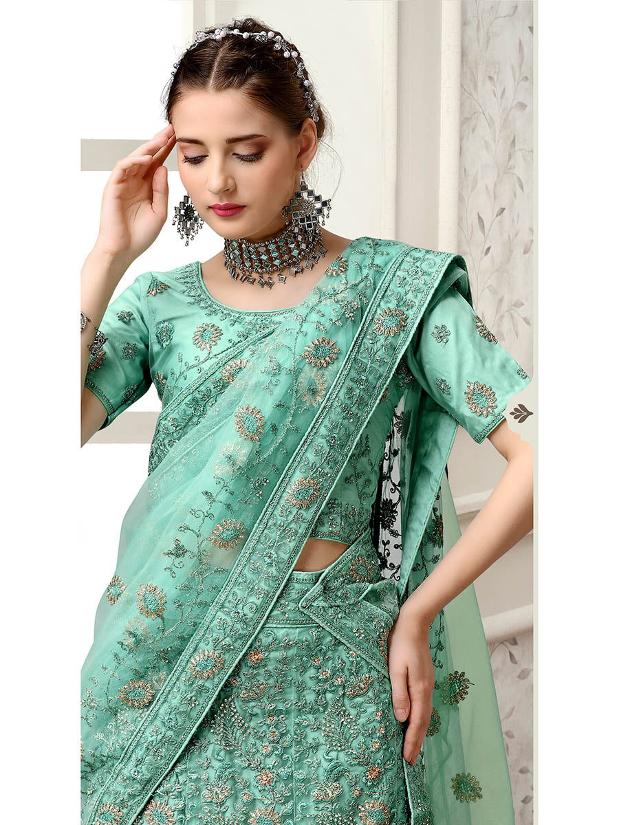 Myra Sea Green Net Heavy Embroidered Lehenga Choli - Distacart