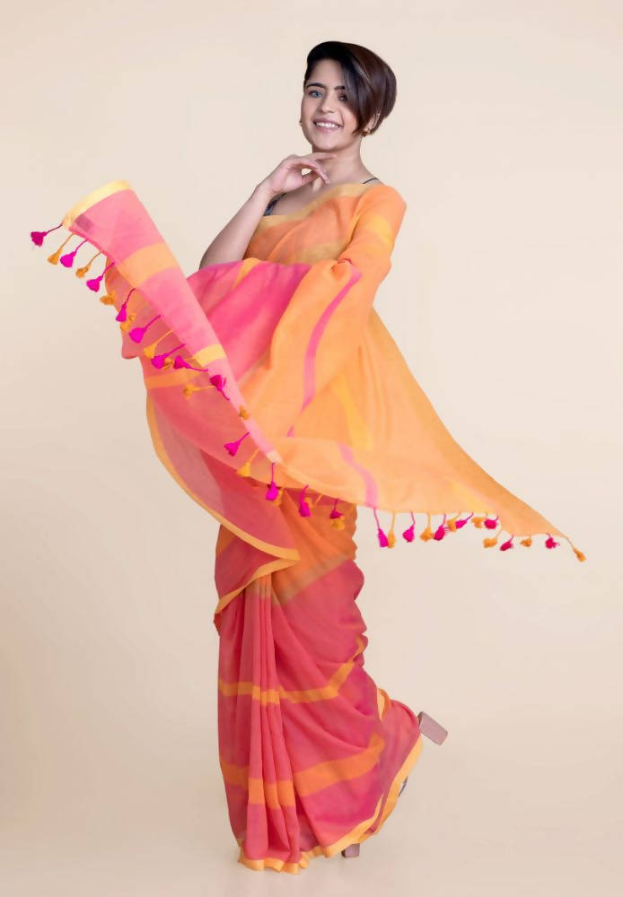 Suta Orange Pink Striped Mul Saree - Distacart