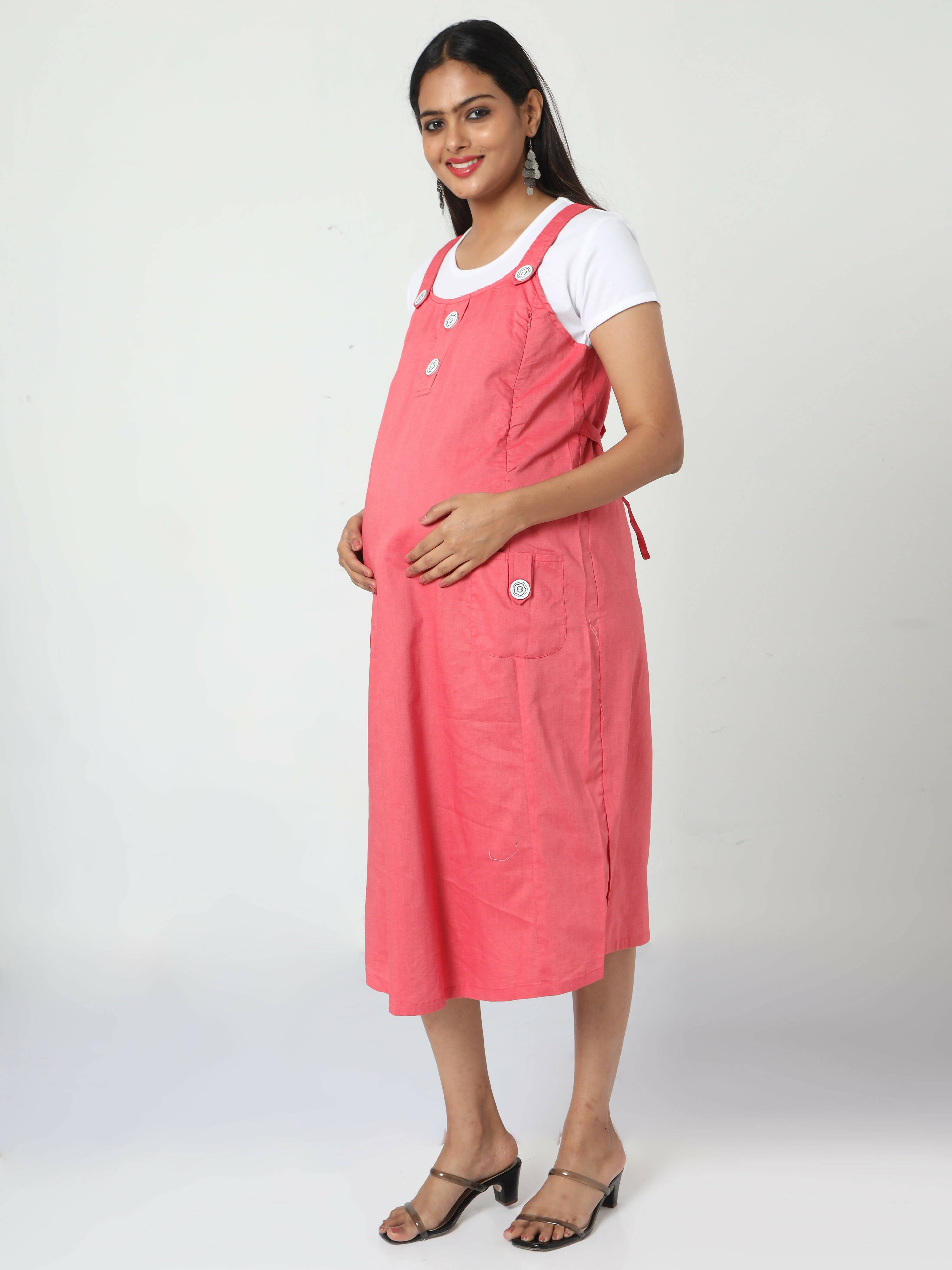 Manet Half Sleeves Solid Maternity Dress With Concealed Zipper Nursing Access - Red - Distacart