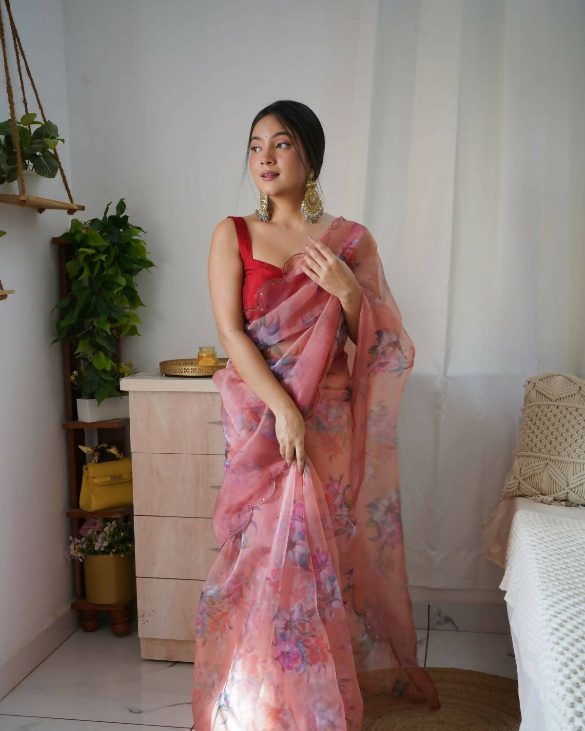 Vamsee Peach Organza Saree - Distacart
