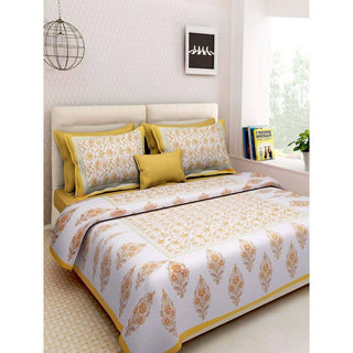 Vamika Printed Cotton White & Yellow Bedsheet With Pillow Covers (LEOC_GMLA_Y) - Distacart