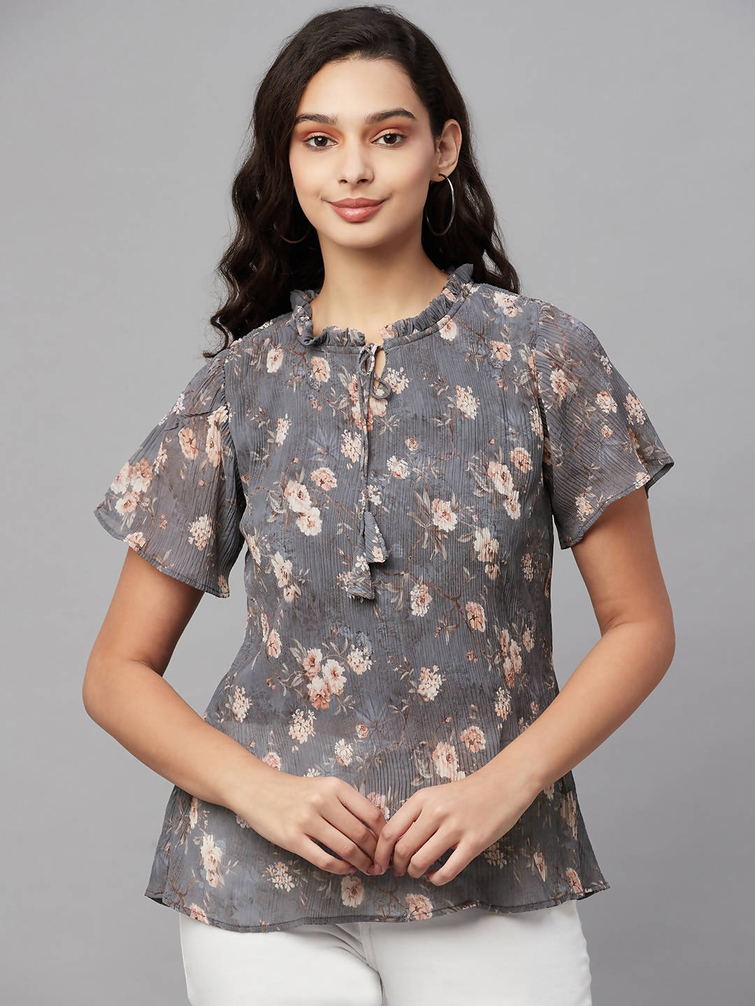 Myshka Grey Printed Half Sleeve Round Neck Top - Distacart