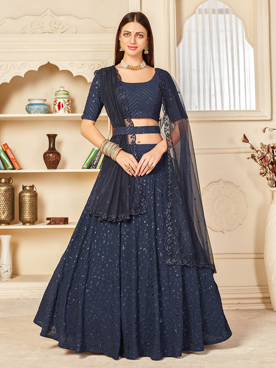 Myra Navy Blue Georgette Embroidered Lehenga - Distacart