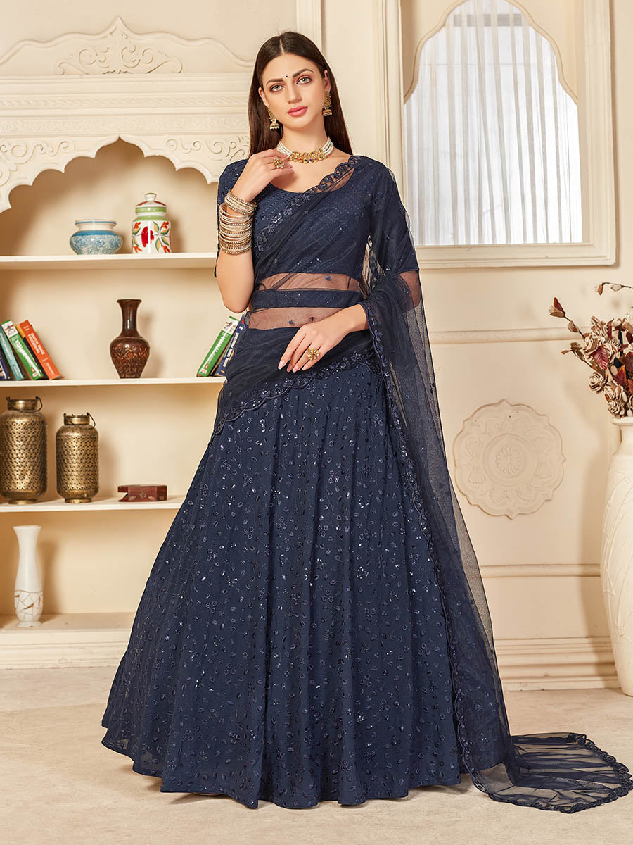 Myra Navy Blue Georgette Embroidered Lehenga - Distacart