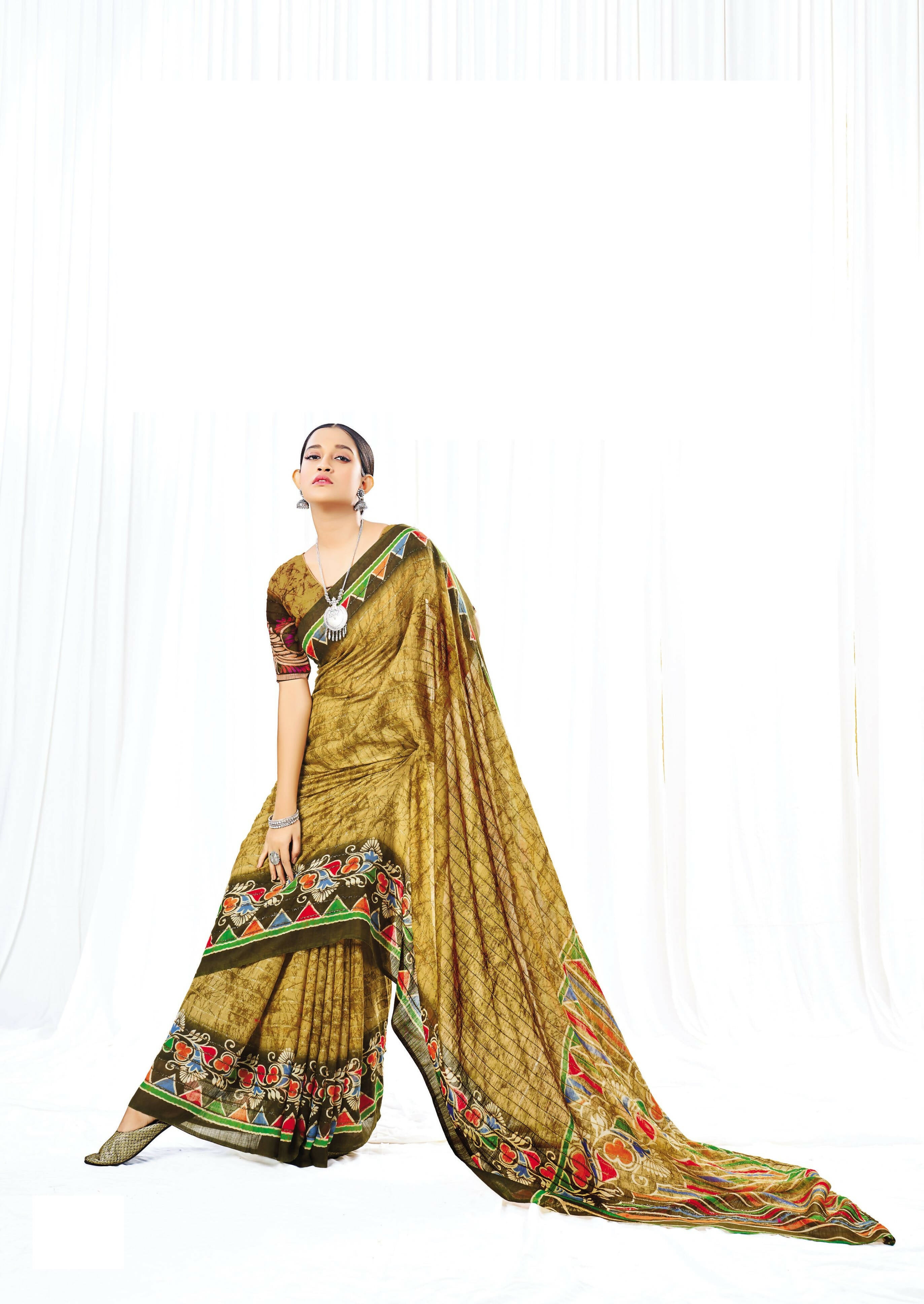Beige Chanderi Cotton Floral Printed Saree With Unstitched Blouse Piece - Kathika - Distacart