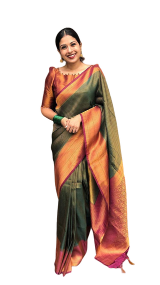 Vamika Weaving Banarasi Jacquard Green Kanjivaram Saree - Distacart