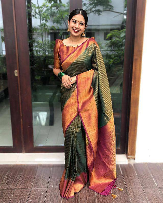Vamika Weaving Banarasi Jacquard Green Kanjivaram Saree - Distacart