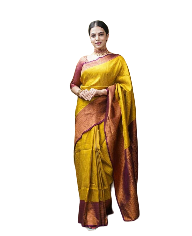 Vamika Weaving Banarasi Jacquard yellow Kanjivaram Saree - Distacart