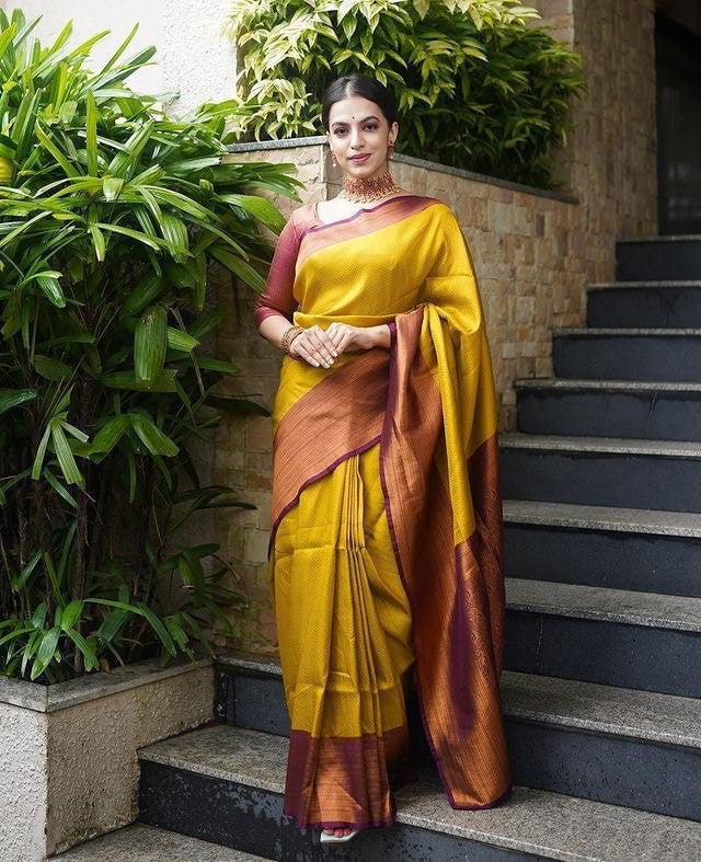 Vamika Weaving Banarasi Jacquard yellow Kanjivaram Saree - Distacart