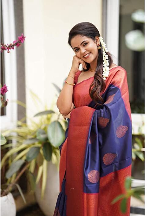 Vamika Weaving Banarasi Jacquard navy Kanjivaram Saree - Distacart