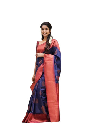 Vamika Weaving Banarasi Jacquard navy Kanjivaram Saree - Distacart