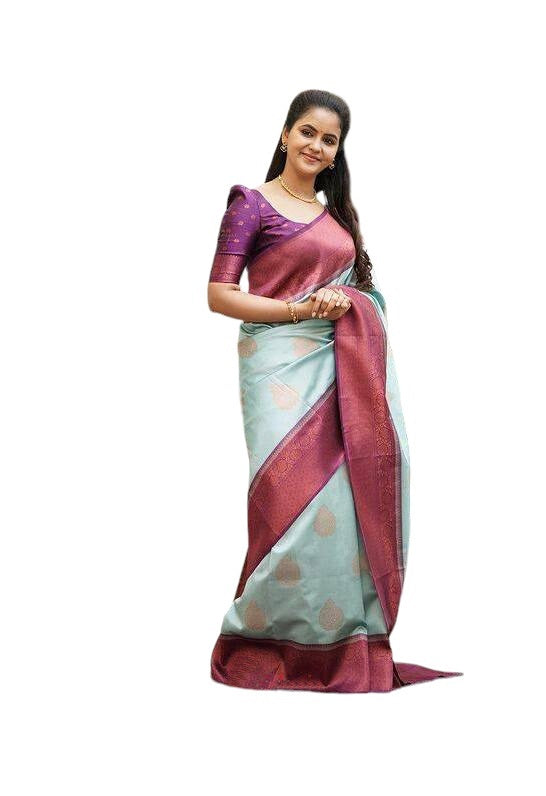 Vamika Weaving Banarasi Jacquard sky blue Kanjivaram Saree - Distacart