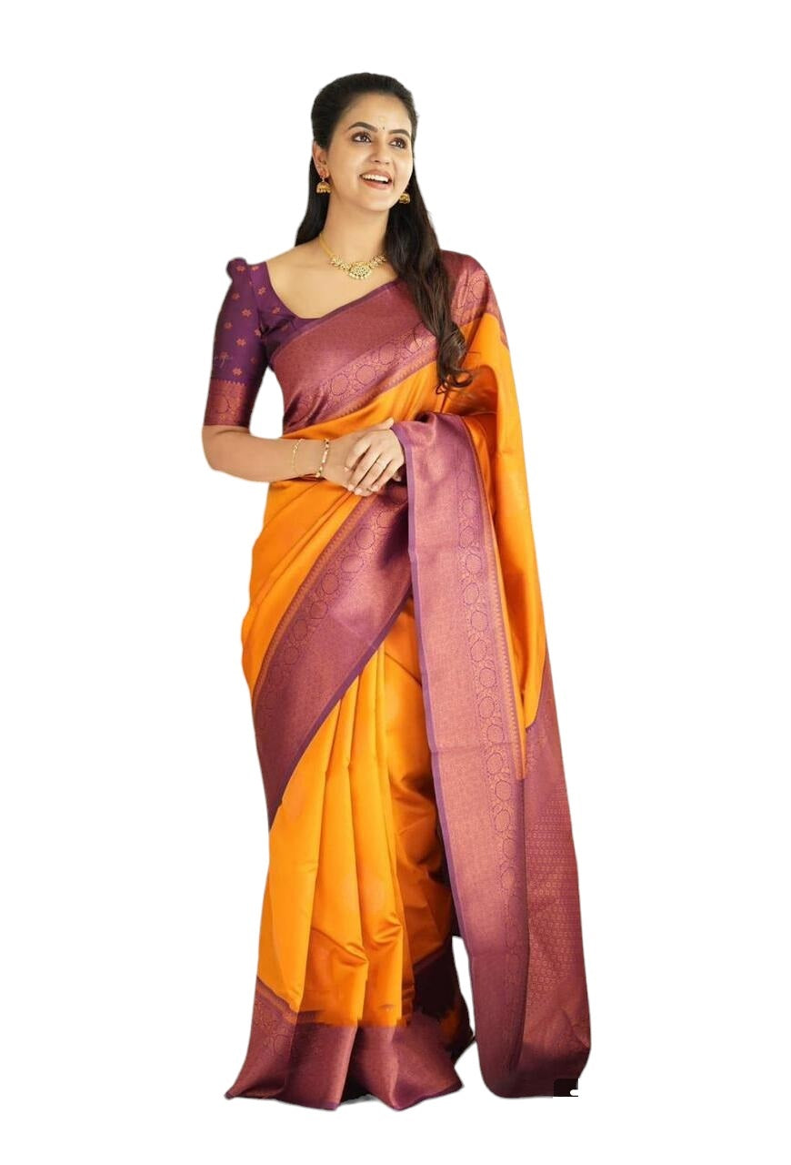 Vamika Weaving Banarasi Jacquard yellow Kanjivaram Saree - Distacart