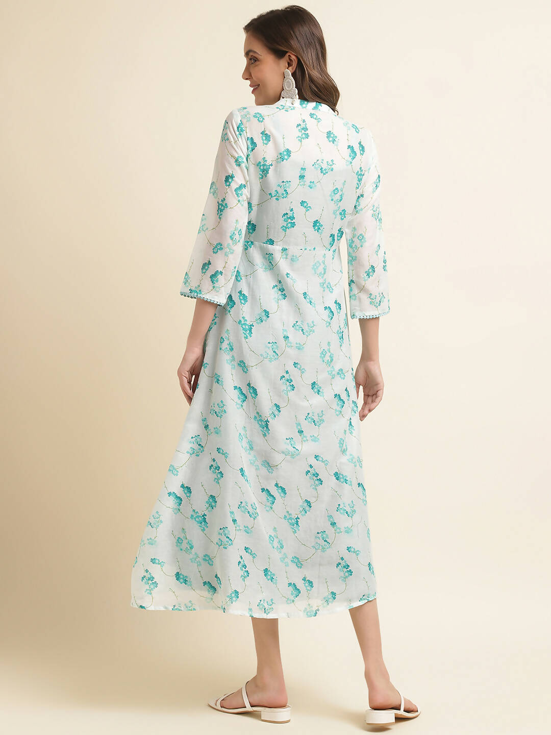 Light Blue Cotton Solid Flared Dress with Printed Shrug - Yukti - Distacart
