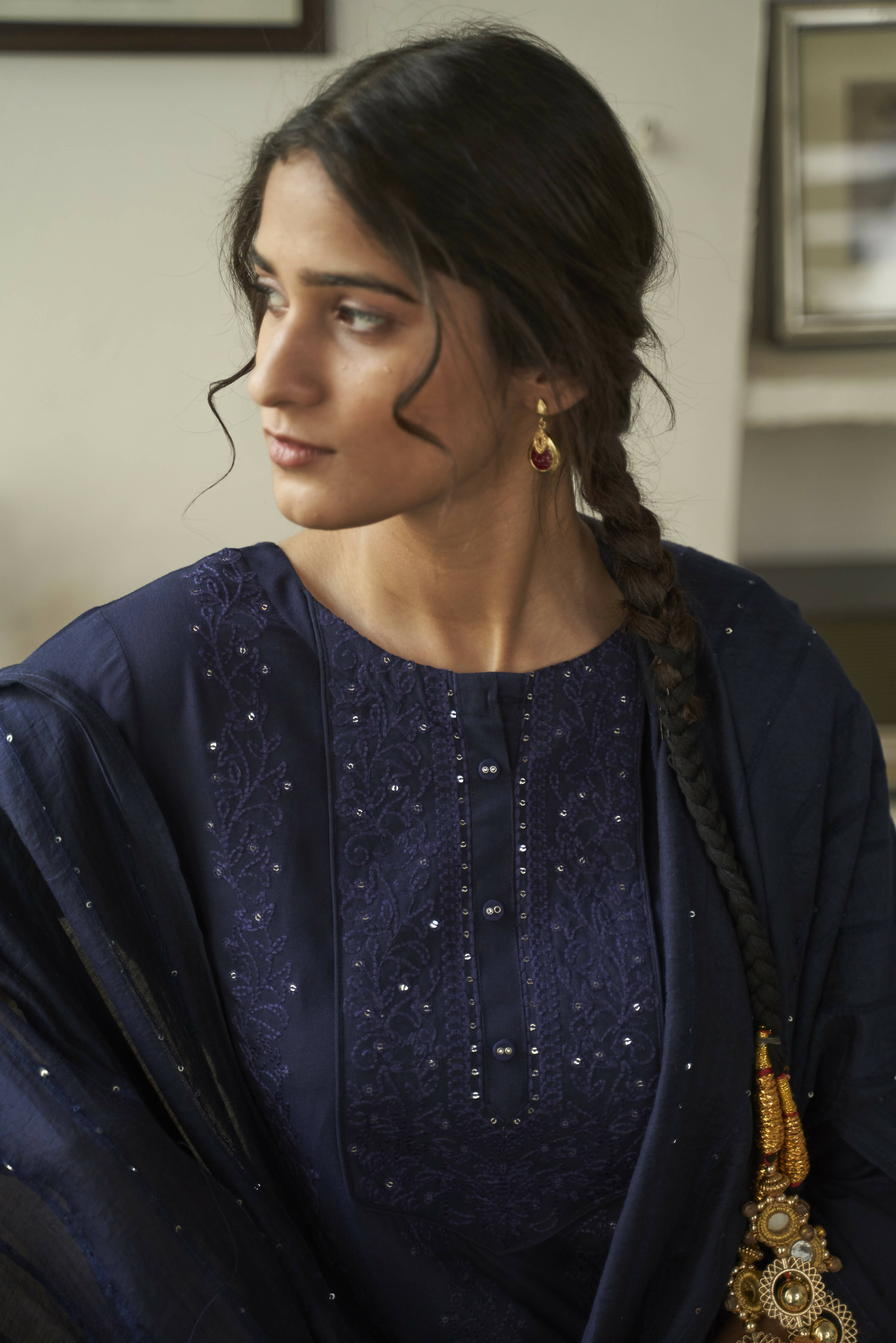 Navy Blue Rayon Sequence Embroidery work Straight kurta with Pant & Dupatta - Akashara - Distacart