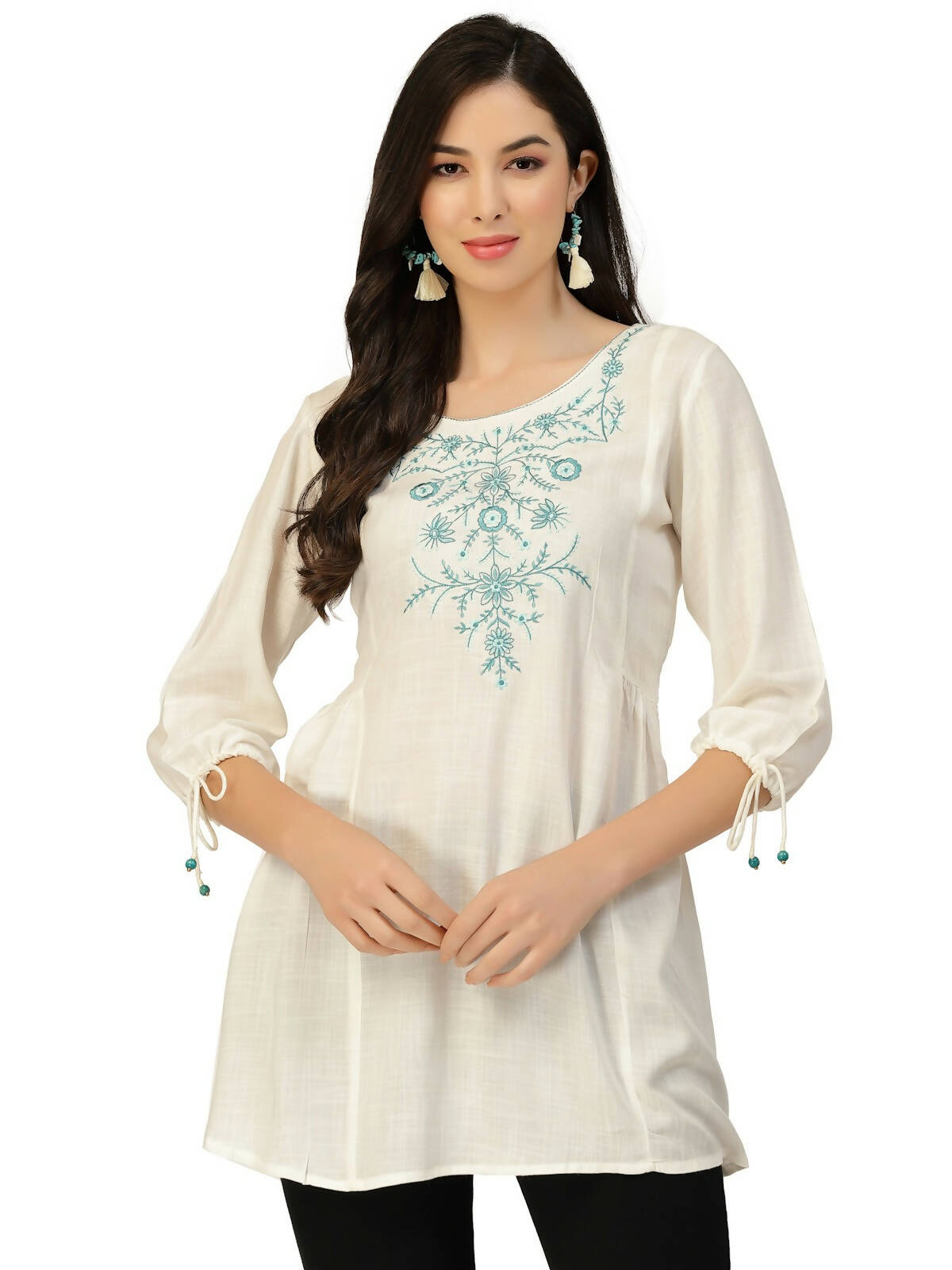 White Poly Rayon Floral Embroidered Top - Zeny - Distacart