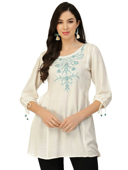 White Poly Rayon Floral Embroidered Top - Zeny - Distacart