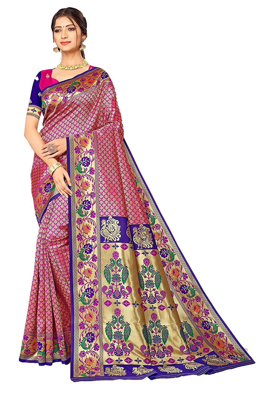Jaanvi Fashion Women's Rani Blue Banarasi Paithani Silk With Zari Jacquard Work Saree With Blouse Piece
