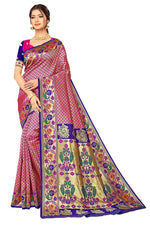Thumbnail for Jaanvi Fashion Women's Rani Blue Banarasi Paithani Silk With Zari Jacquard Work Saree With Blouse Piece