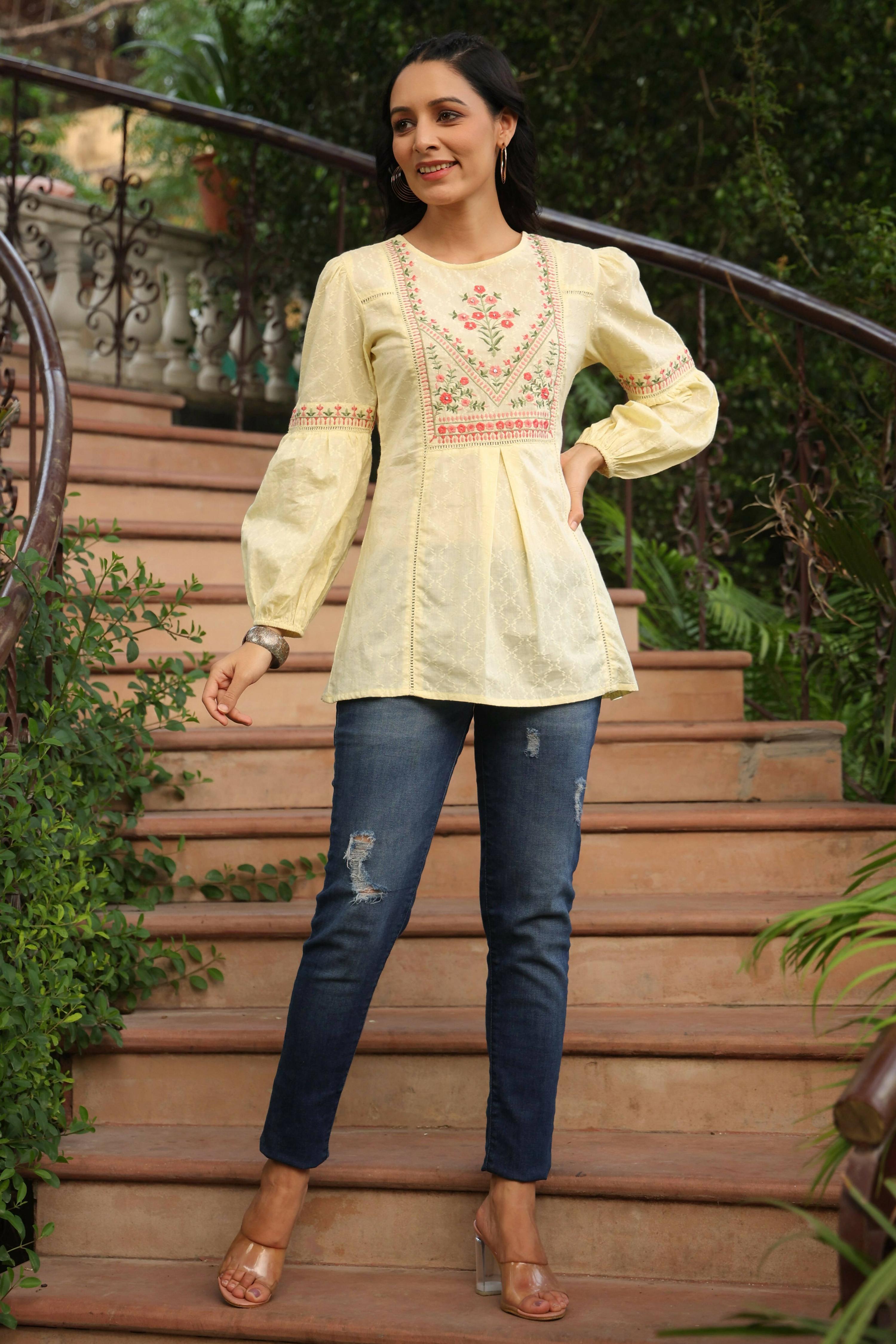Juniper Women's Lemon Cotton Dobby Solid Embroidered Straight Tunic - Distacart
