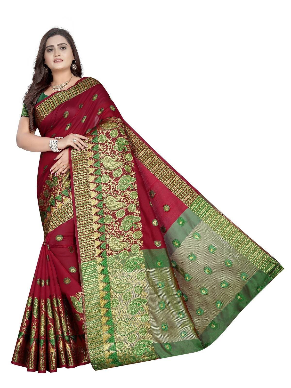 Vamika Banarasi Jaquard Red Weaving Saree With Green Blouse