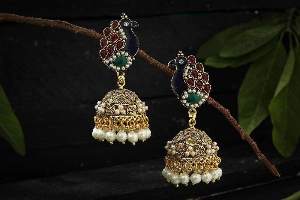 Mominos Fashion Johar Kamal Traditional Peacock Design Multi Color Jhumka - Distacart