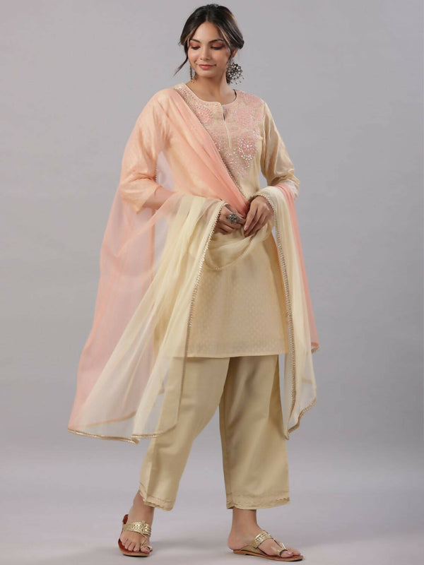 Juniper Women Gold Modal Chanderi Embroidered Kurta, Pants and Dupatta Set - Distacart