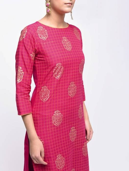 Aniyah Cotton Block Printed Pink Color Straight Kurta (AN-136K)