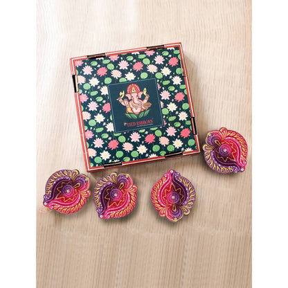 Tied Ribbons Set of 4 Red & Violet Textured Terracotta Diyas - Distacart