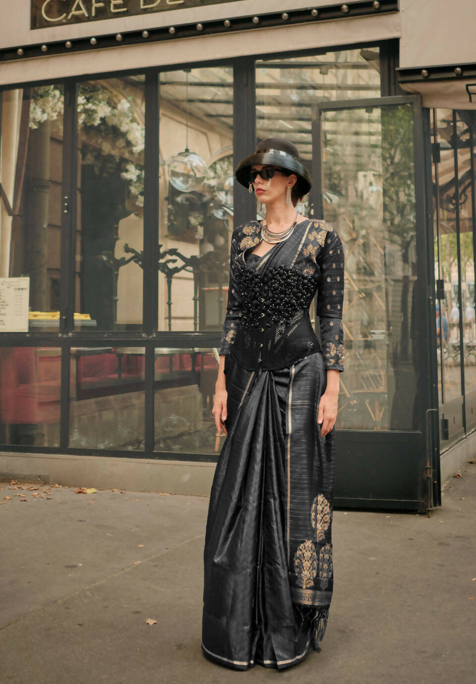 Tundora Black Weavead Thread & Zari Work, Handloom Weaving Banarasi Satin Silk Saree - Rajtex Kronicle Silk - Distacart