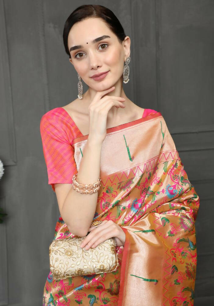 Vishnu Weaves Women's Peach Paithani Silk Zari Woven Saree with Unstitched Blouse - Distacart
