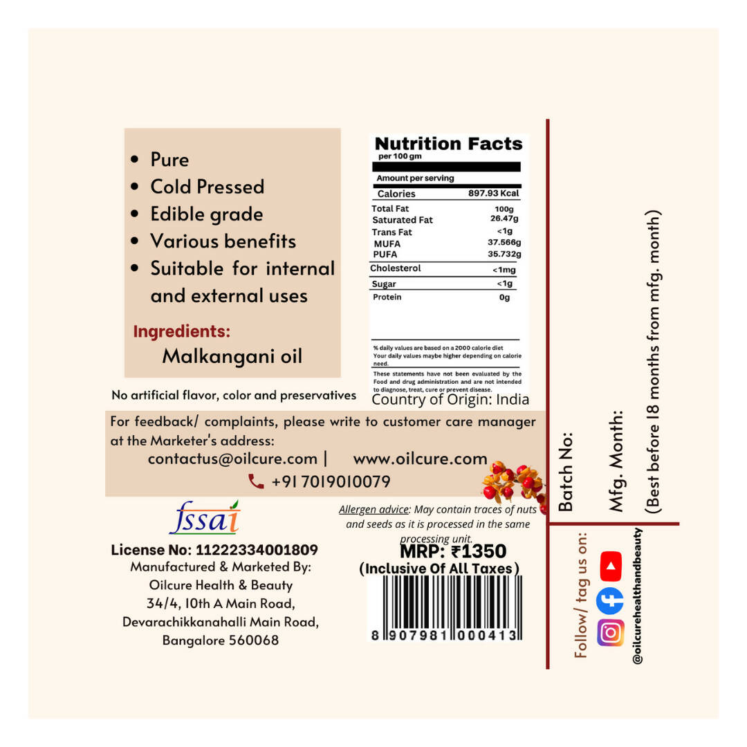 Oilcure Malkangani Oil Cold Pressed - Distacart
