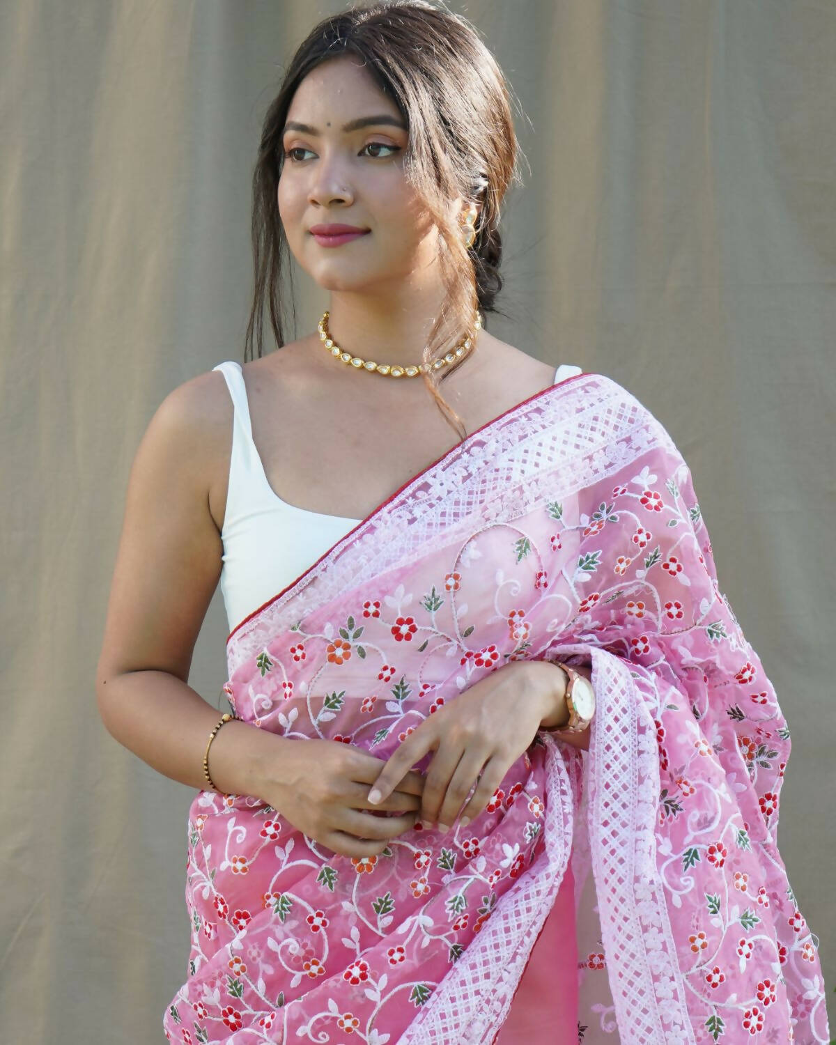 Vastrasky Pink Organza Saree - Distacart
