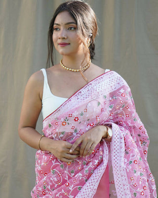 Vastrasky Pink Organza Saree - Distacart