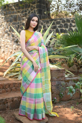 Very Much Indian Pure Linen Saree With Sleek Border And Exclusive Design - Beige - Distacart