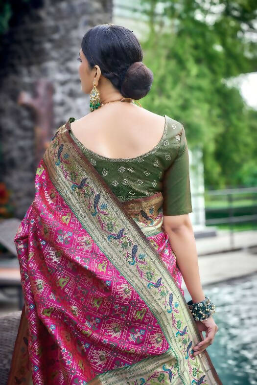 Vishnu Weaves Women's Magenta Paithani Patola Silk Zari Woven Saree with Unstitched Blouse - Distacart