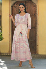 Thumbnail for Juniper Women's Pink Viscose Shantoon Festive Printed Flared Dress - Distacart