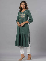 Thumbnail for Juniper Women Green Seer Sucker Embroidered High Slit Kurta - Distacart