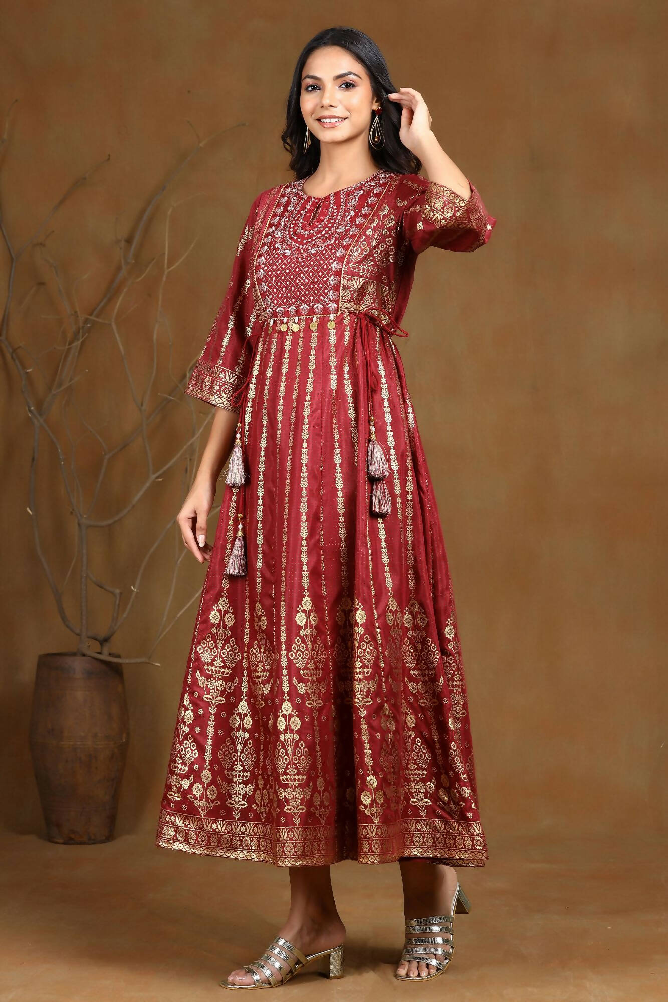 Juniper Women Maroon Shantoon Printed Anarkali Dress - Distacart