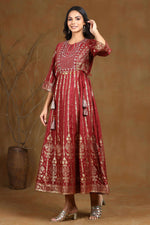 Thumbnail for Juniper Women Maroon Shantoon Printed Anarkali Dress - Distacart