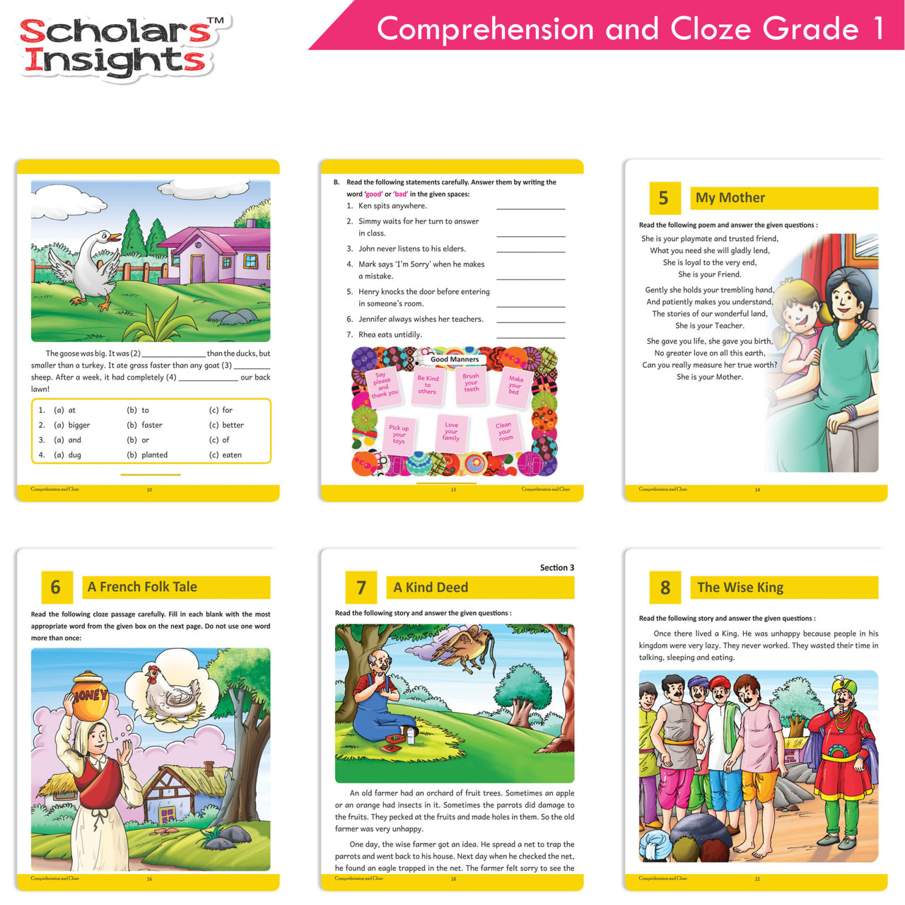 Scholars Insights Comprehension and Cloze Grade 1| English Vocabulary & Grammar Skill Book for Kids| Ages 6-7 Years - Distacart