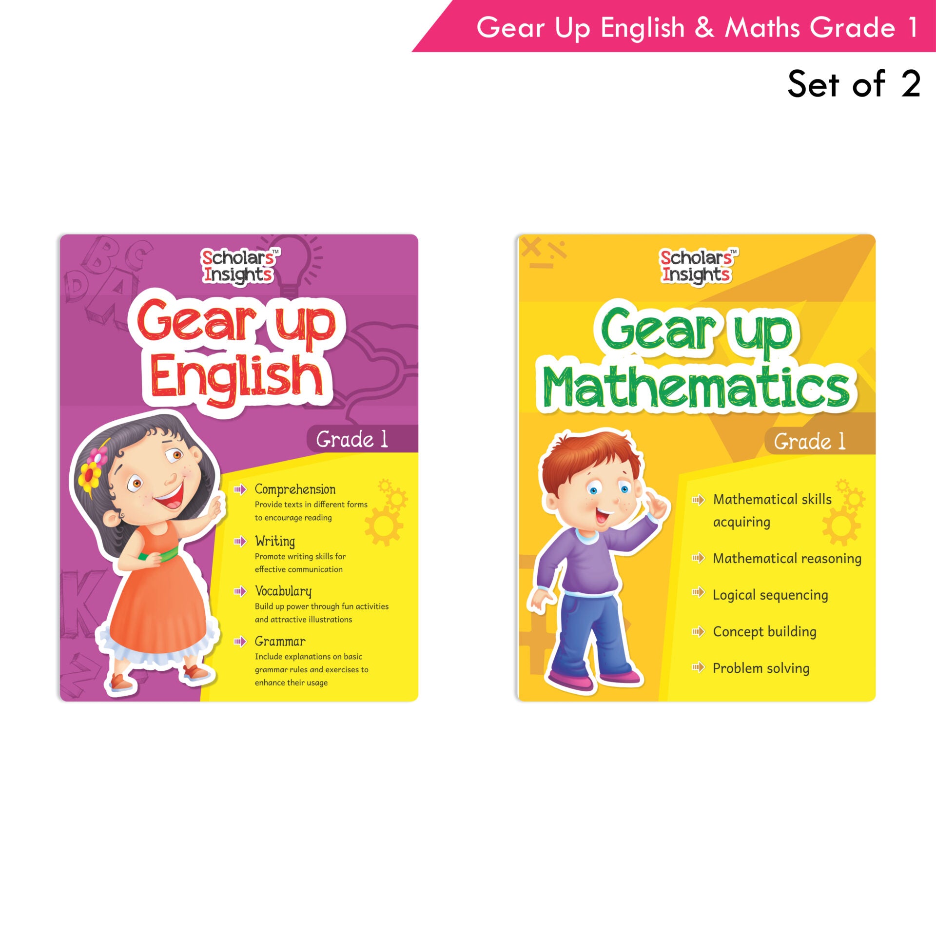 Scholars Insights Gear Up English & Maths Grade 1 Books Set of 2|English Grammar, Logical Reasoning, Problem Solving Book for Kids| Ages 6-7 Years - Distacart